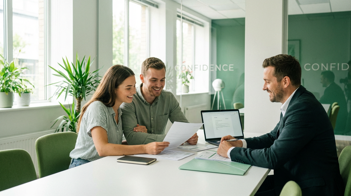 Clientes revisando documentación fiscal con un asesor